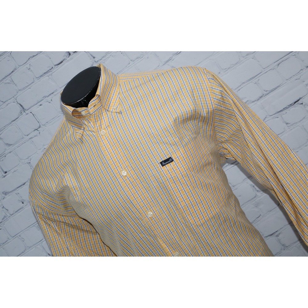 Faconnable Button Down Dress Shirt Mens Large Yellow Blue Plaid Long Sleeve
